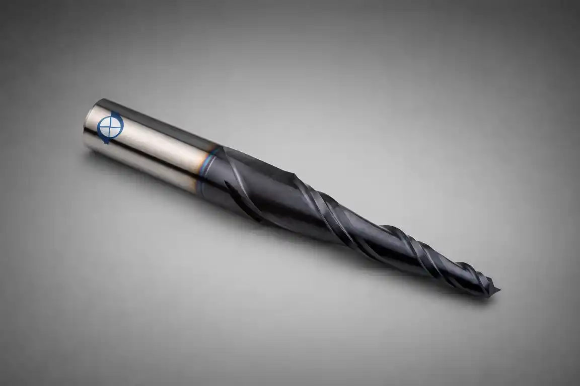 Solid carbide taper end mill for deep cavities and draft angles